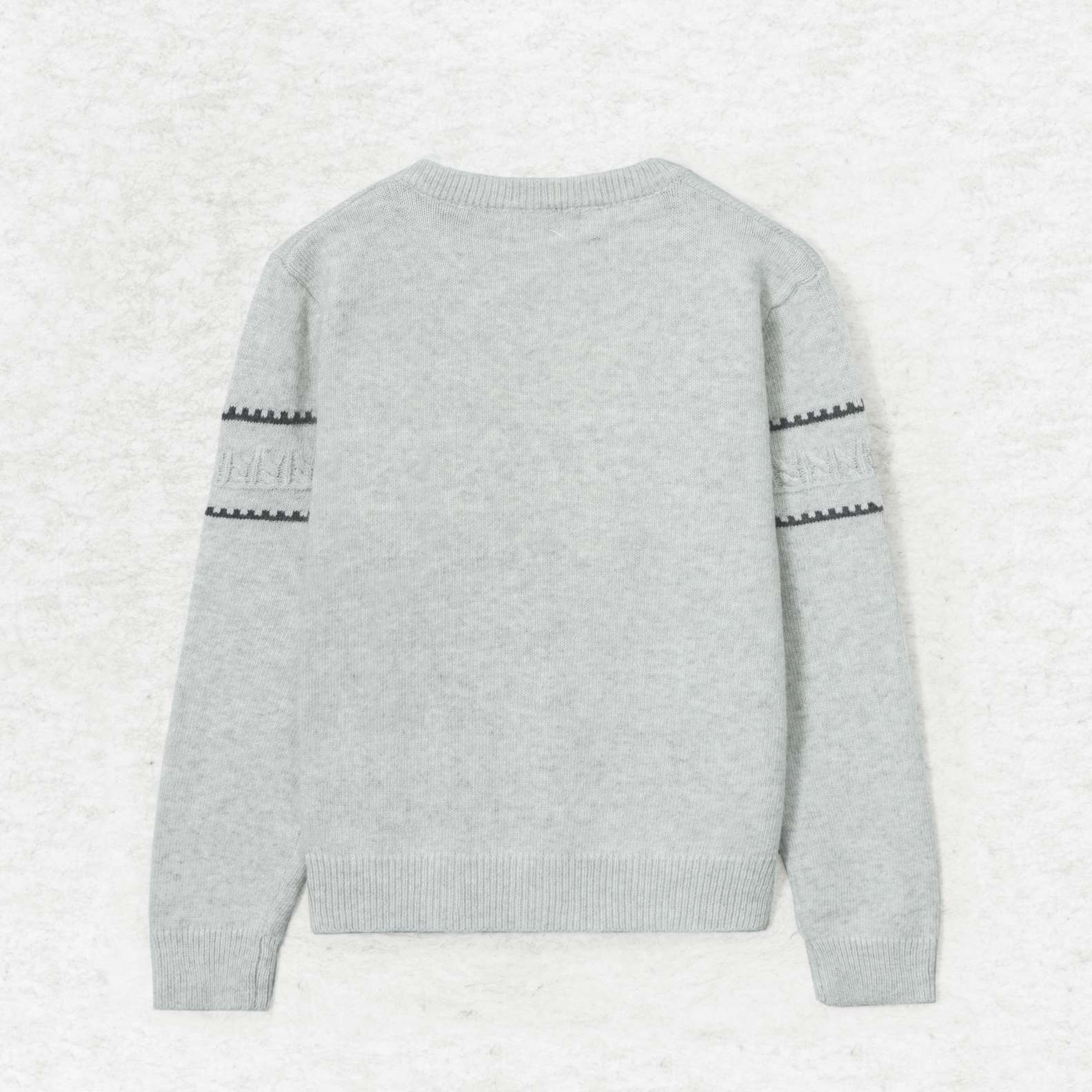 A cozy wool knit cardigan in heather grey. Featuring a classic round neck, a button-front closure, and white geometric intarsia bands across the chest and sleeves. (8)