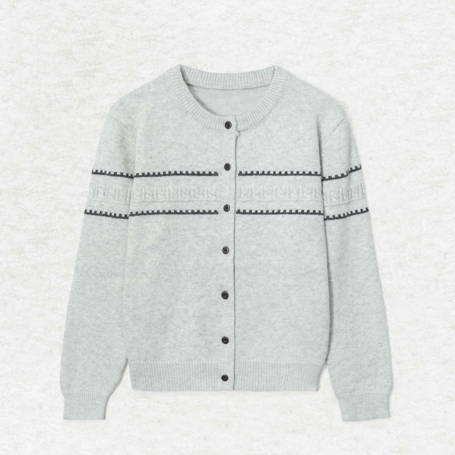 A cozy wool knit cardigan in heather grey. Featuring a classic round neck, a button-front closure, and white geometric intarsia bands across the chest and sleeves. (9)