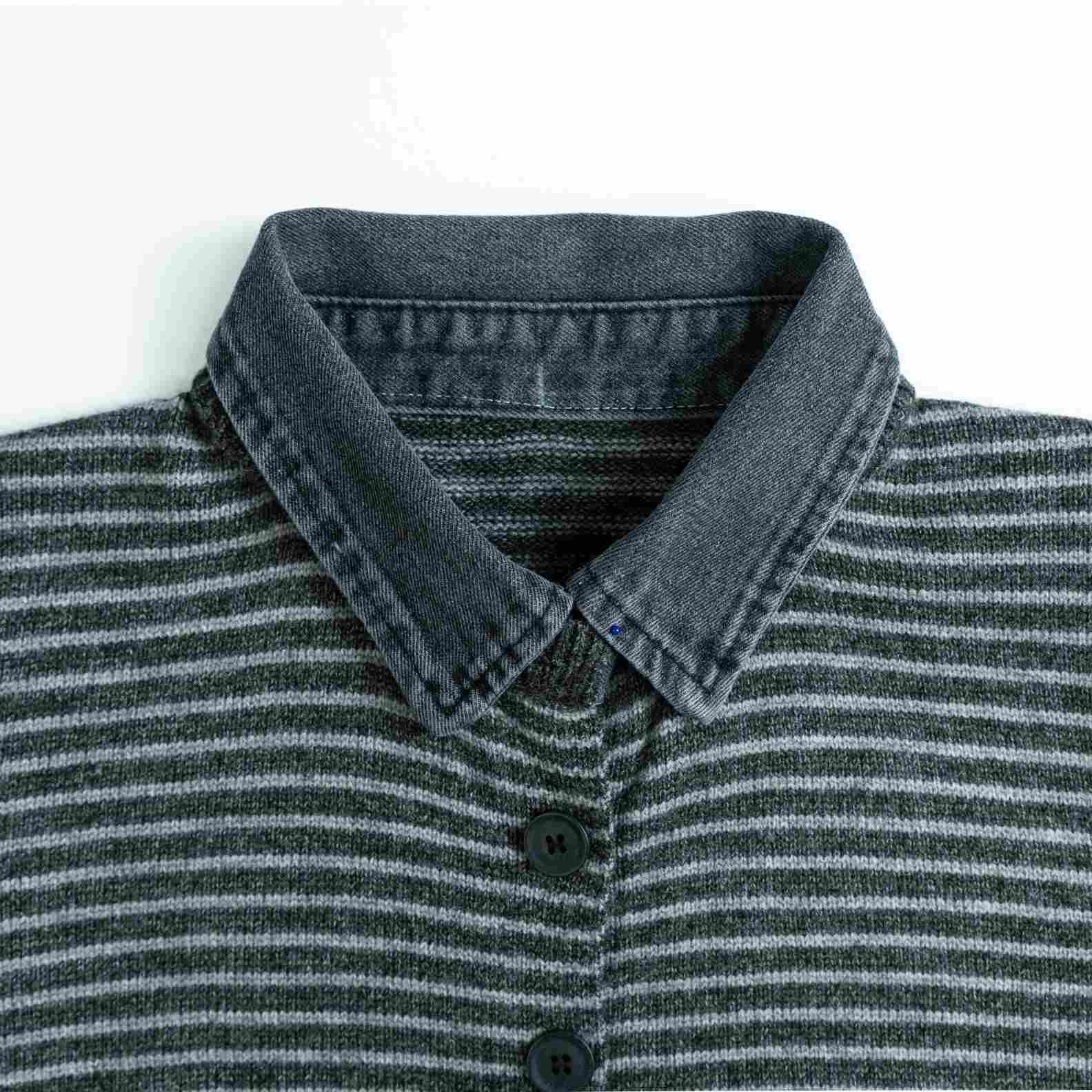 Cardigan Wool Polo Neck Long Sleeve Denim collar striped button Style (4)