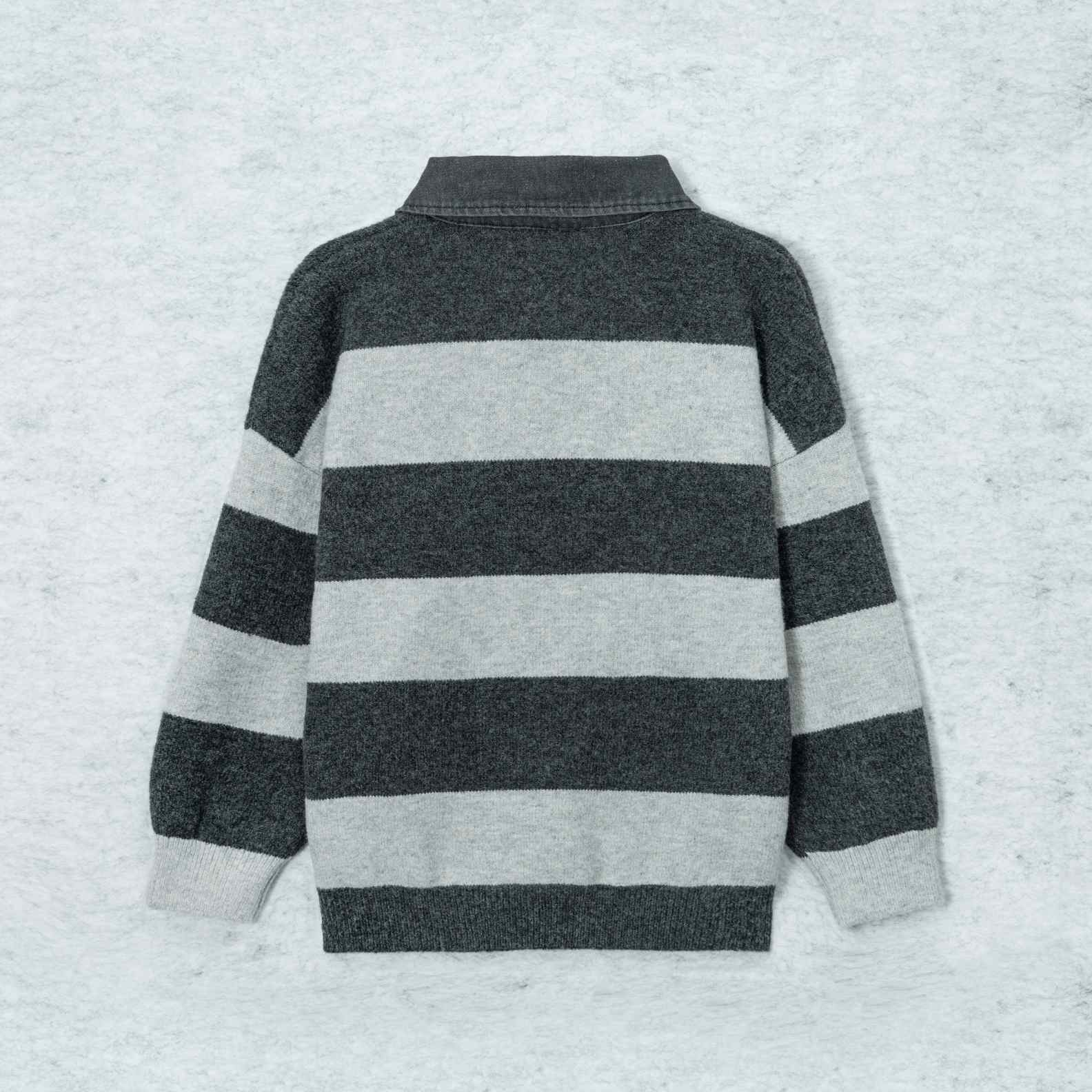 Knit Sweater Wool Polo Neck Long Sleeve Denim collar striped Style (2)