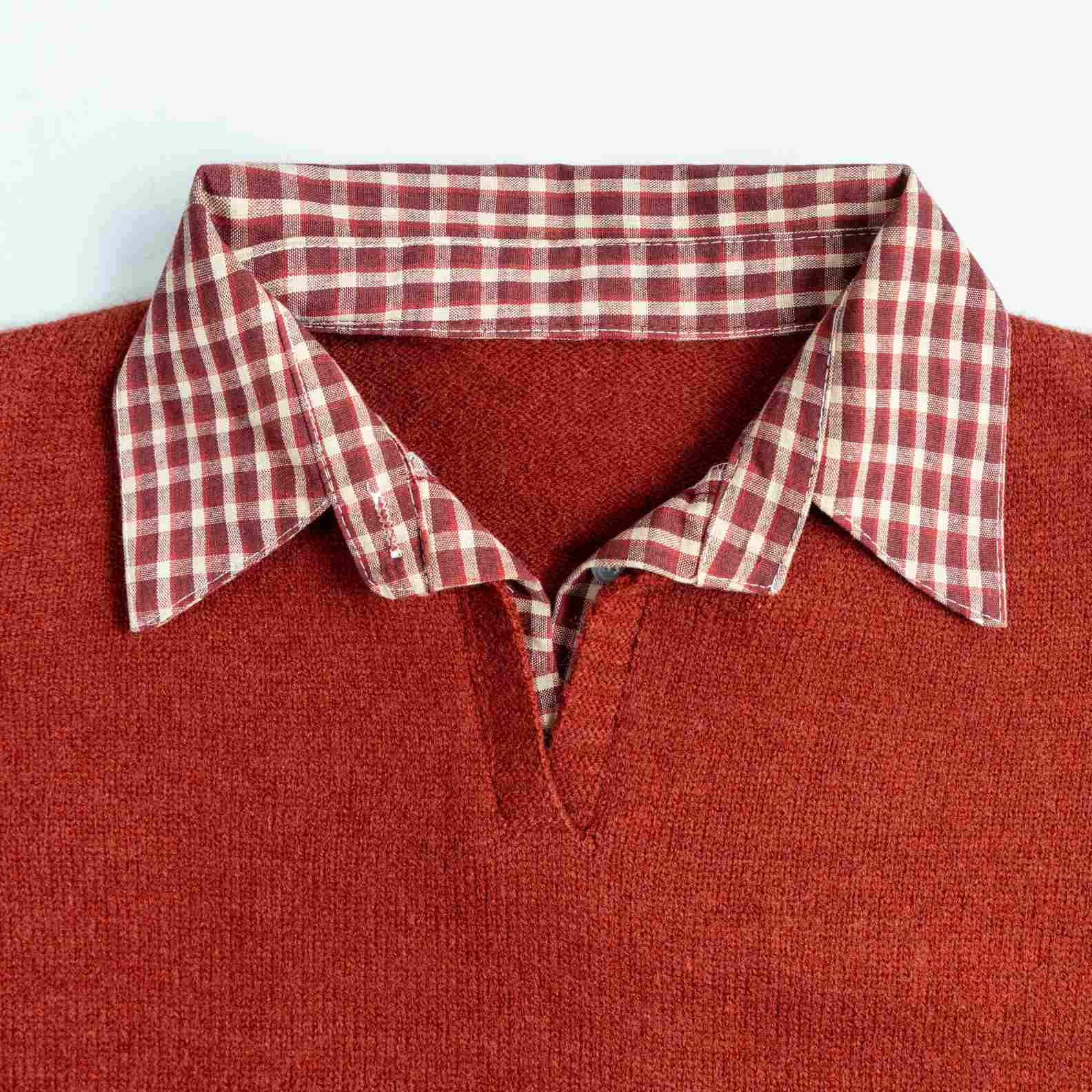 Knit Sweater Wool Polo Neck Long Sleeve Gingham collar accent Style (5)